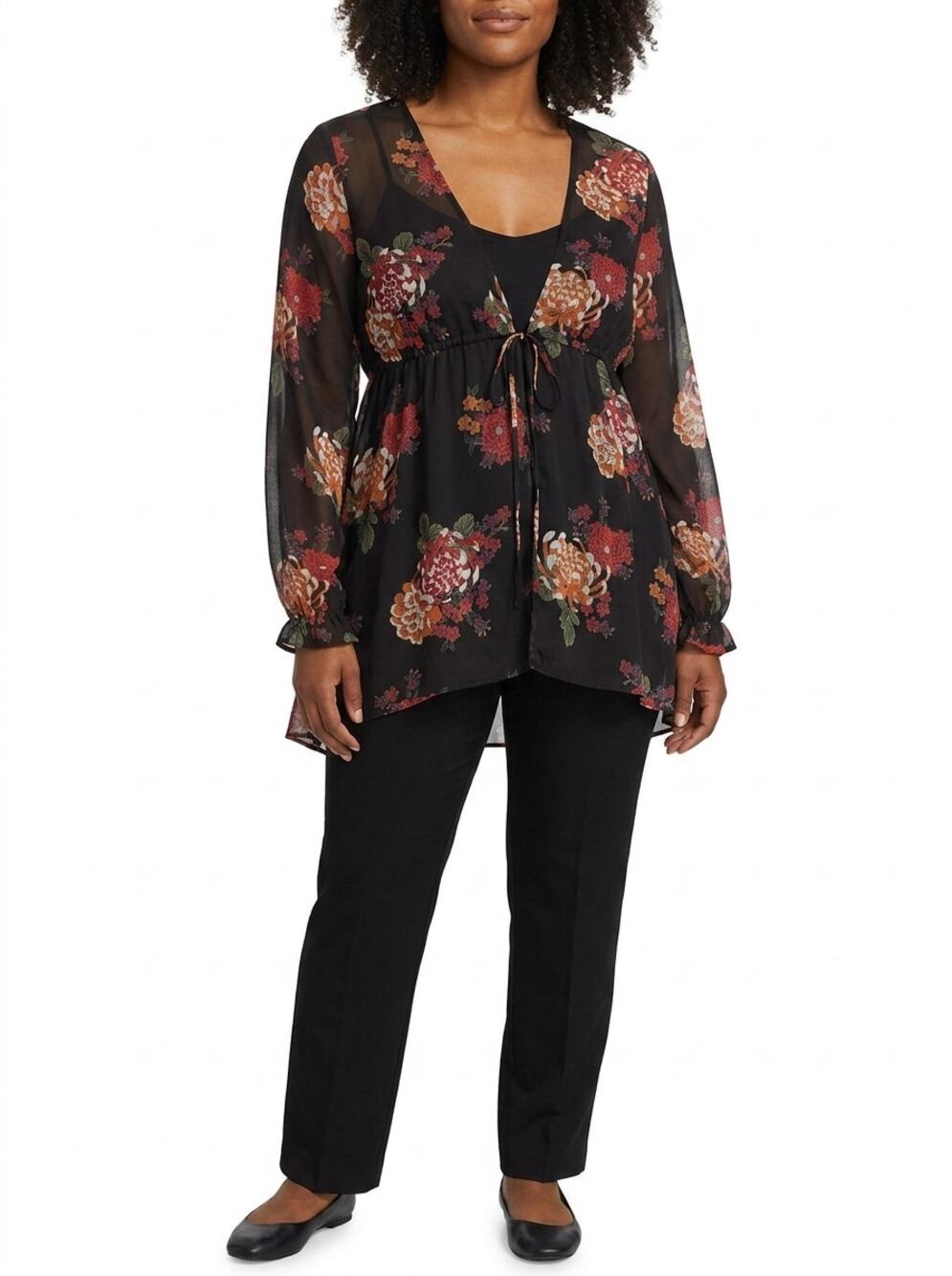 Express Black Floral Sheer High Low V-Neck Chiffon Blouse Women Size S